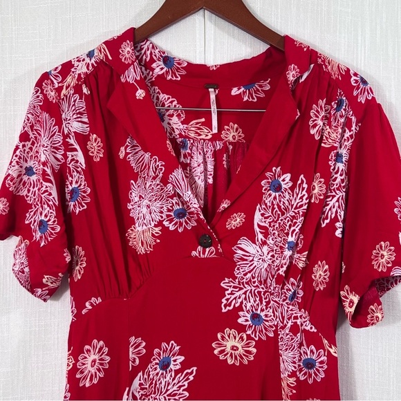 Free People Blue Hawaii Collared Short Sleeve Red Mini Dress Size L - Picture 6 of 16